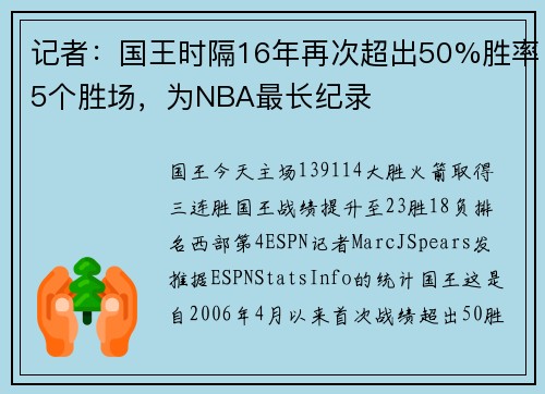 记者：国王时隔16年再次超出50%胜率5个胜场，为NBA最长纪录